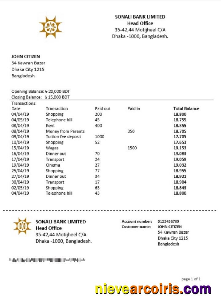 Bangladesh Sonali Bank statement